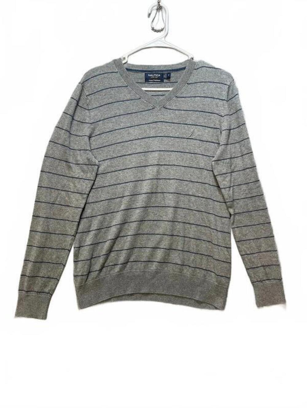 Nautica Men's Luxury Performance V Neck Striped Sweater Gray Size Medium - Picture 1 of 6
